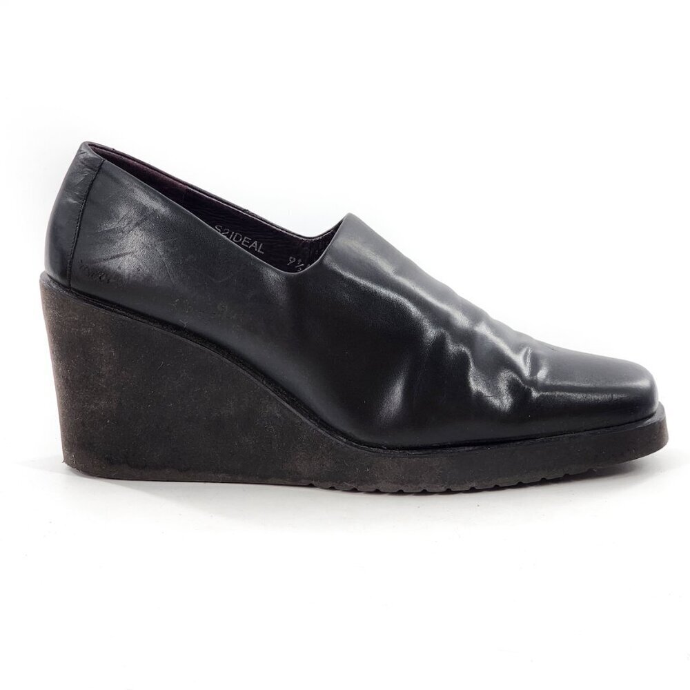 DONALD J. PLINER Black Napa Leather Square Toe Wedge Pumps Booties